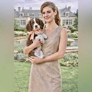 Talbots Petites Linen Gold Tan V-Neck Sheath Midi Dress Size 8P - NWOT